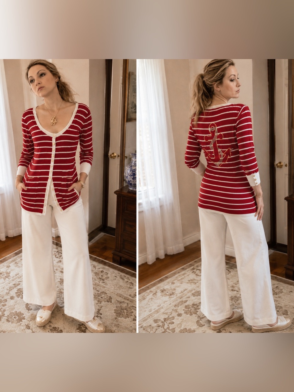 Yuka sweater Red & White Striped Cotton Sailor Anchor Rhinestones gold sz M